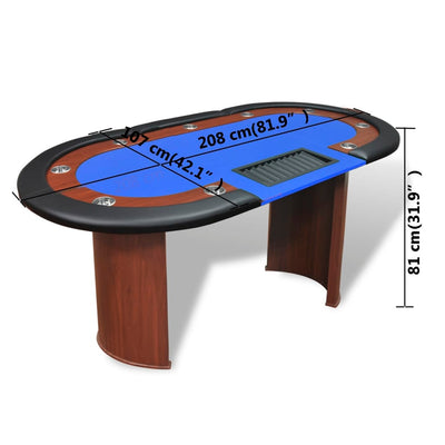 10-Player Poker Table with Dealer Area and Chip Tray Blue