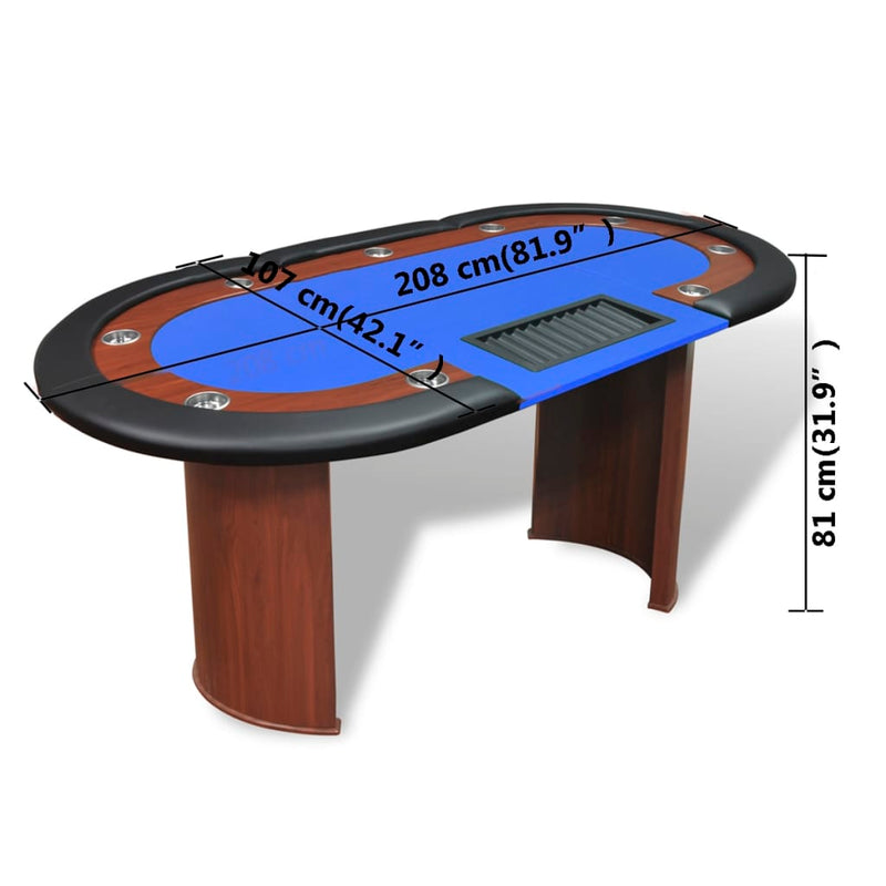 10-Player Poker Table with Dealer Area and Chip Tray Blue