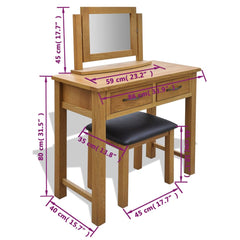 vidaXL Dressing Table with Stool Solid Oak Wood 6