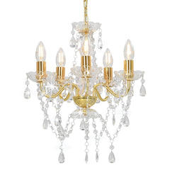Chandelier with Crystal Beads Round 5 x E14 Gold