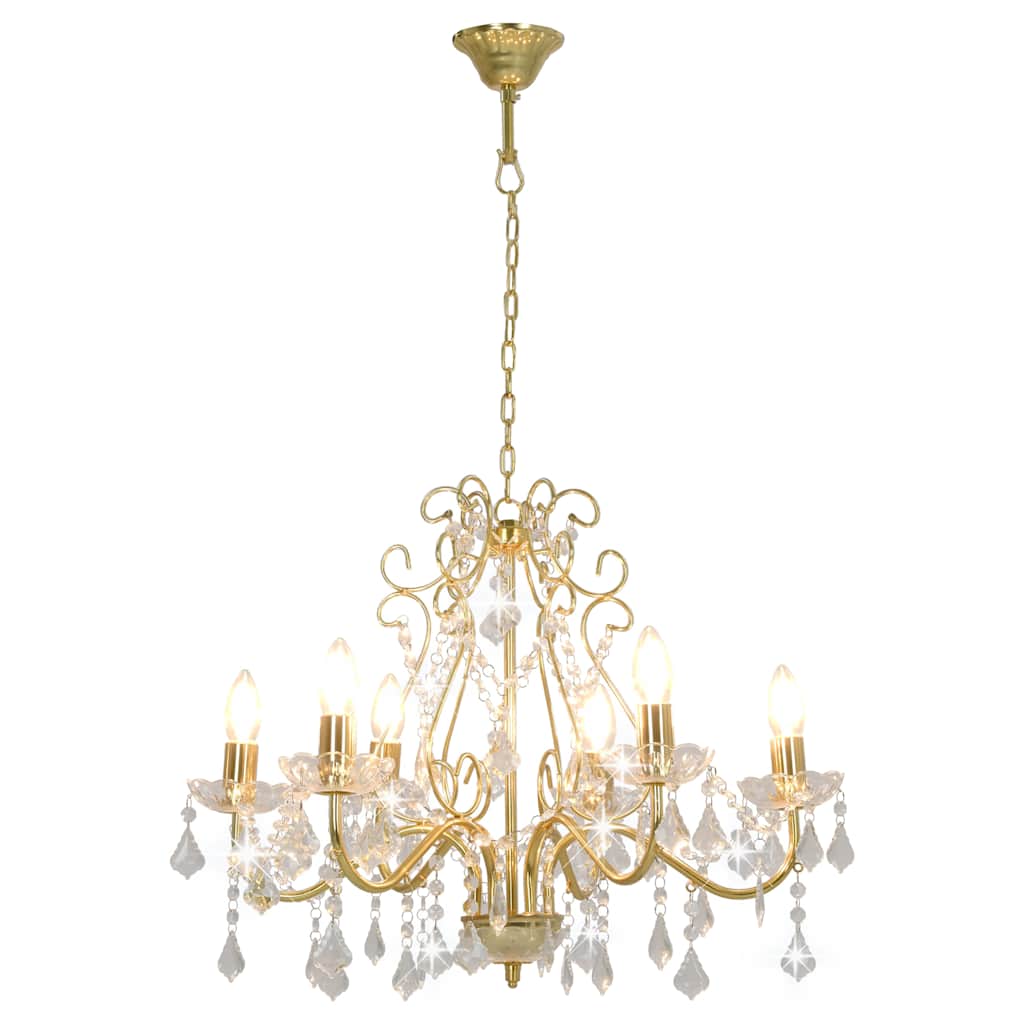 281603 vidaXL Chandelier with Crystal Beads Golden Round 6 x E14 4