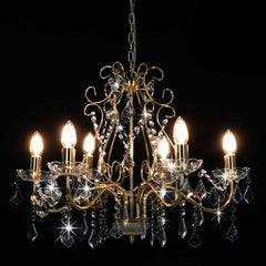 281603 vidaXL Chandelier with Crystal Beads Golden Round 6 x E14 3