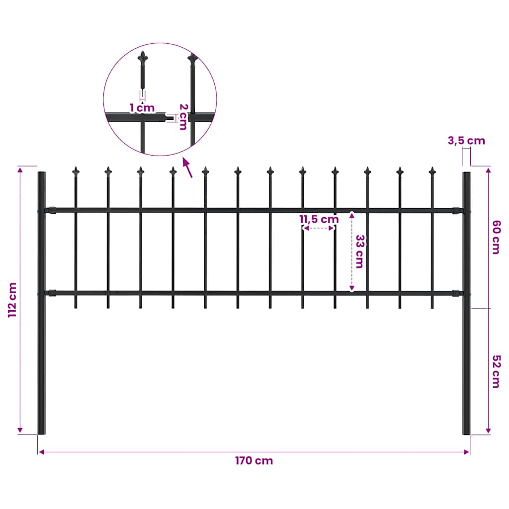 Garden Fence with Spear Top Steel 337x60 cm Black 170 cm