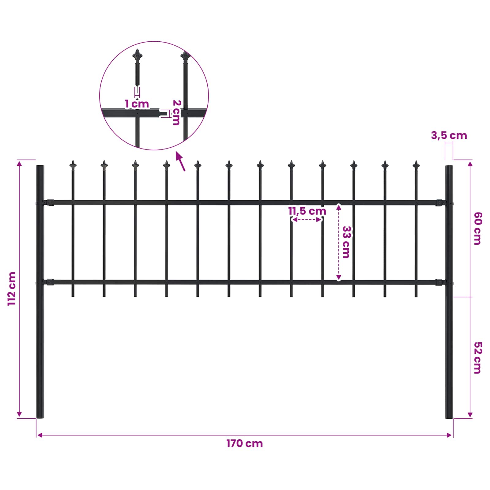 vidaXL Garden Fence "Woerden" with Spear Top Steel 170x60 cm Black 5