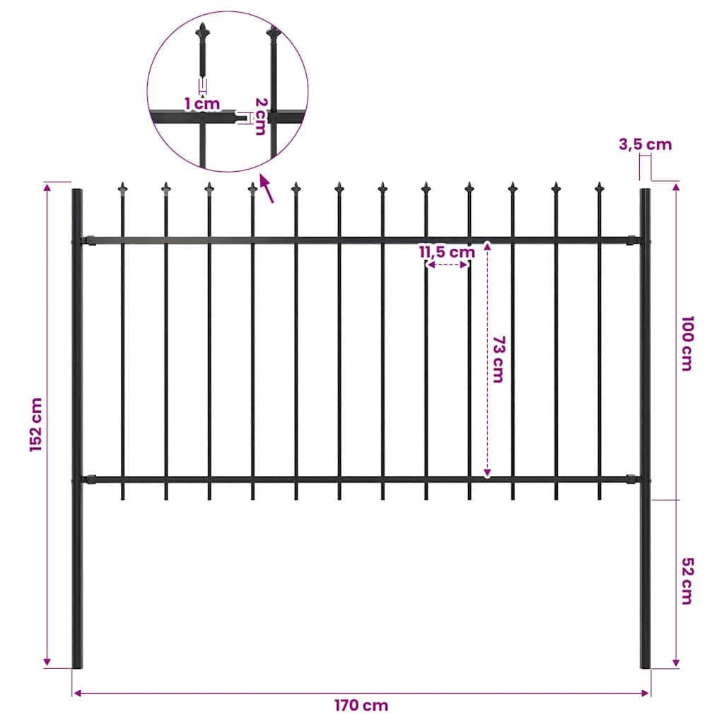 Garden Fence with Spear Top Steel 337x100 cm Black 170 cm