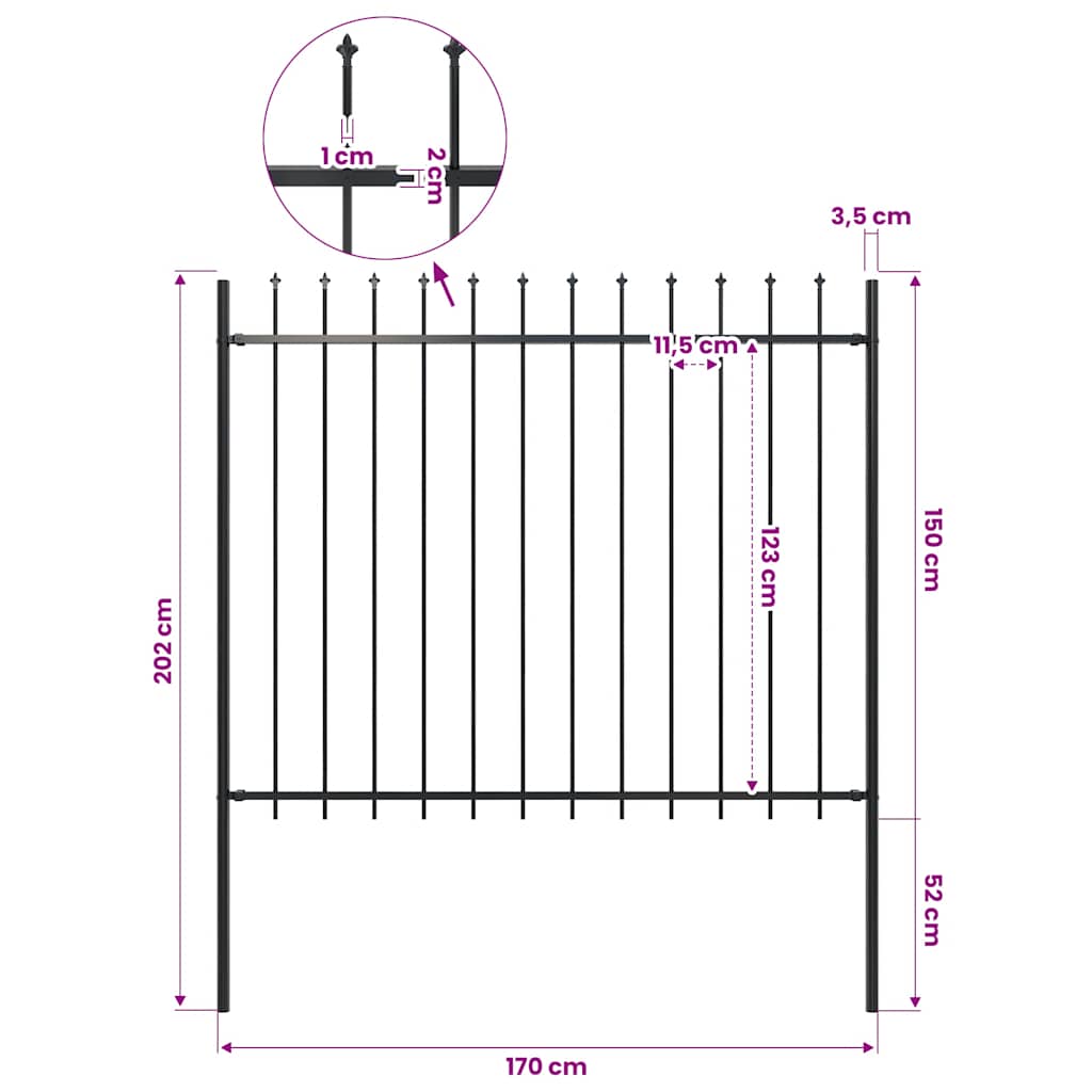 Garden Fence with Spear Top Steel 337x150 cm Black 170 cm