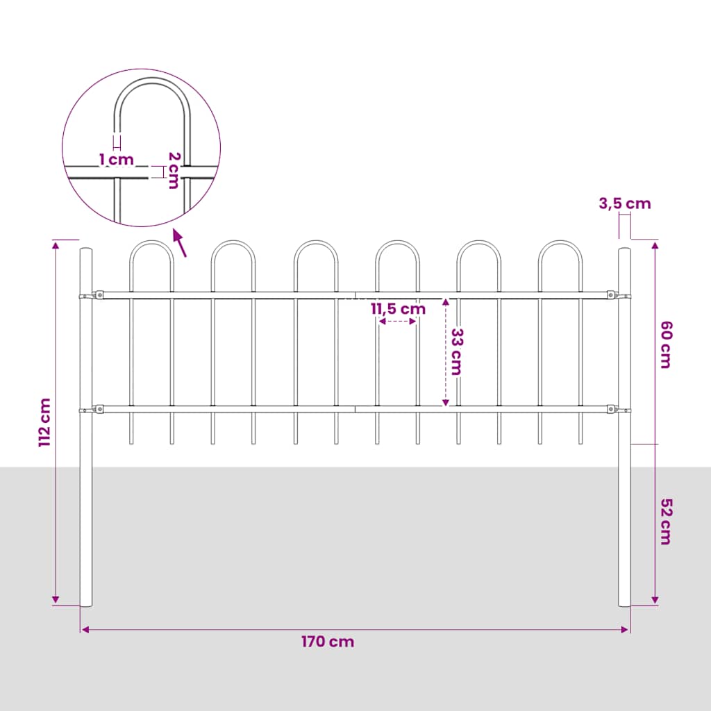 Garden Fence with Hoop Top Steel 337x60 cm Black 170 cm