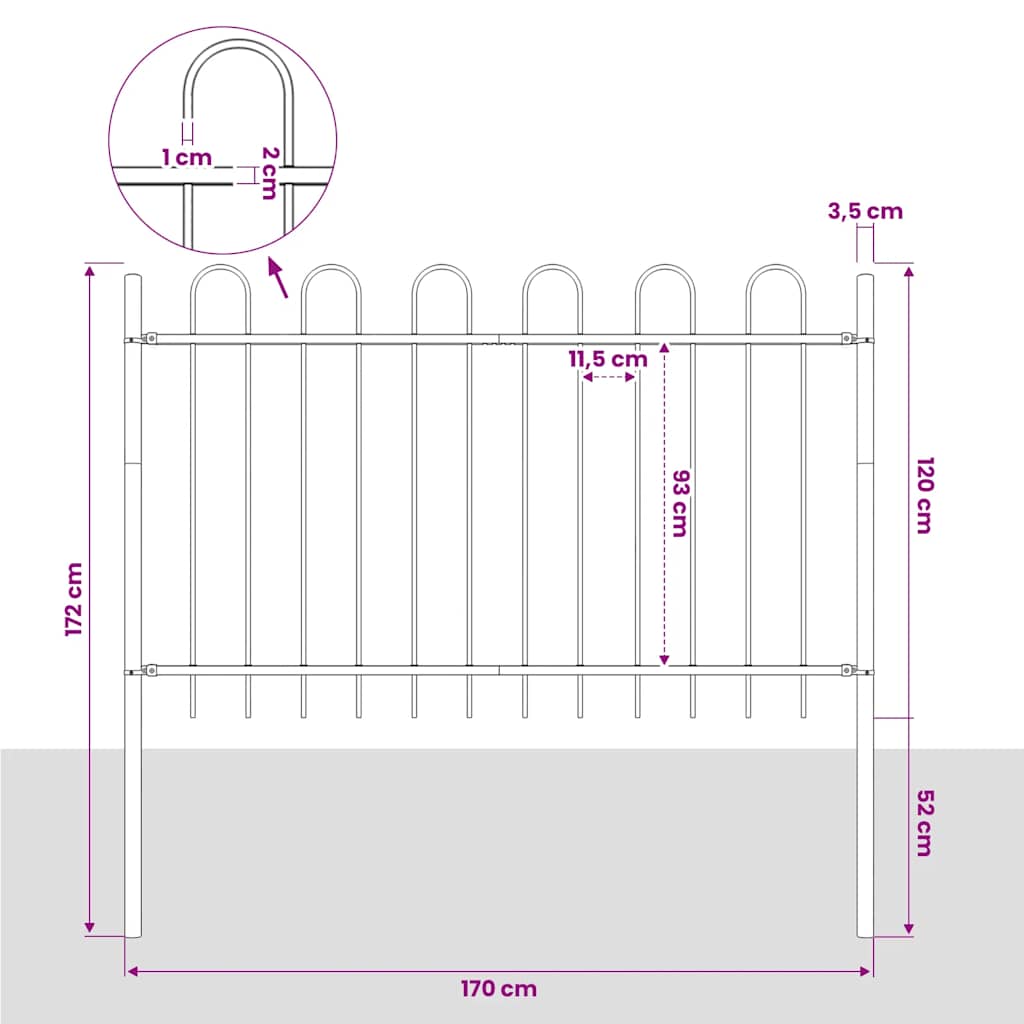 Garden Fence with Hoop Top Steel 337x120 cm Black 170 cm