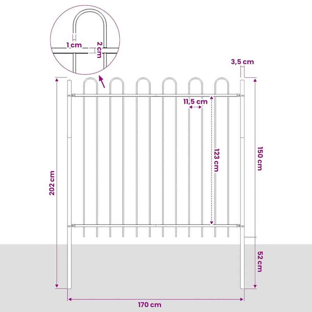 Garden Fence with Hoop Top Steel 337x150 cm Black 170 cm