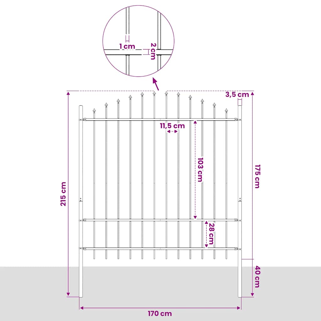 Garden Fence with Spear Top Steel 337x175 cm Black Height 150-175 cm 170 cm