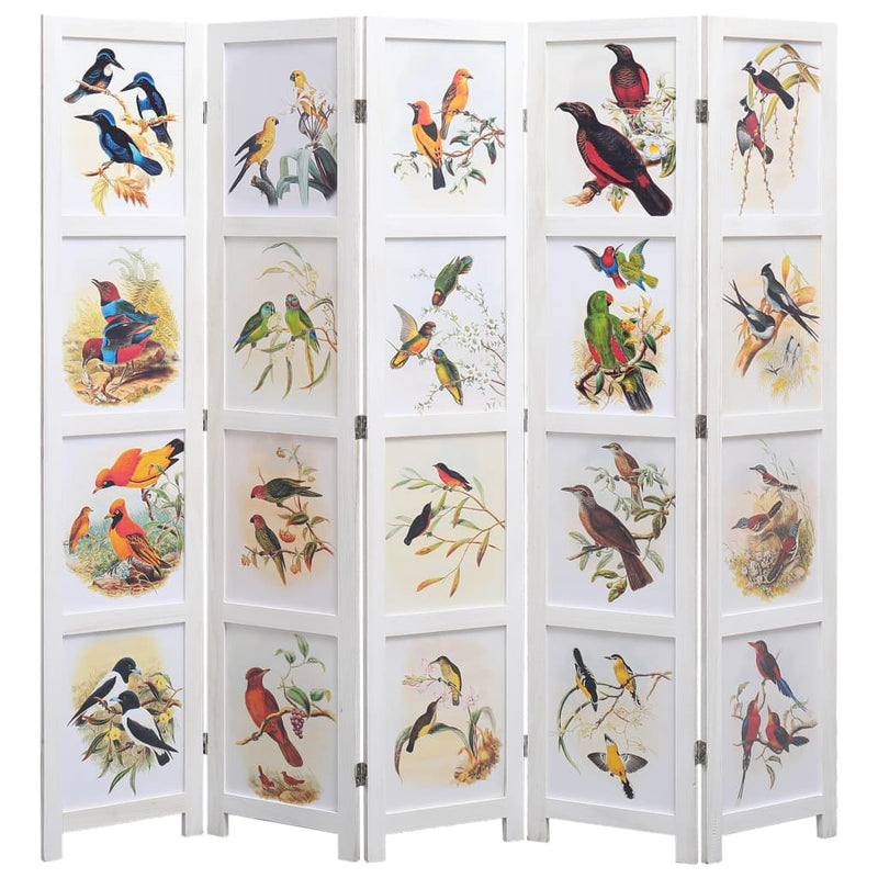 5-Panel Room Divider White 175x165 cm Bird