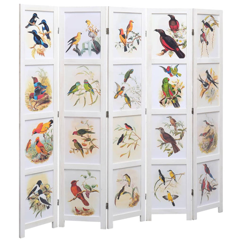 5-Panel Room Divider White 175x165 cm Bird