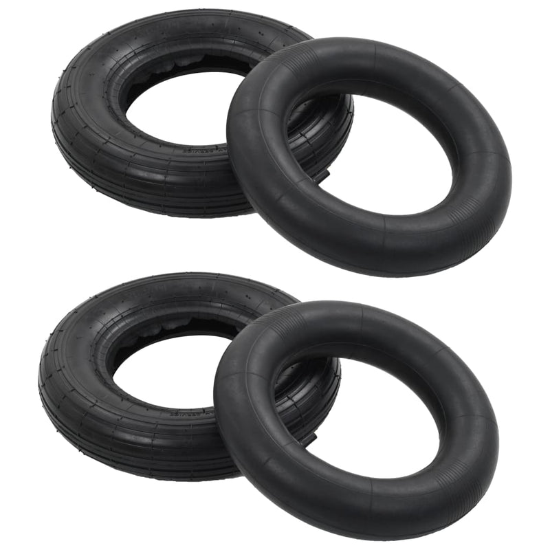 4 Piece Wheelbarrow Tire and Inner Tube Set 3.50-8 4PR Rubber