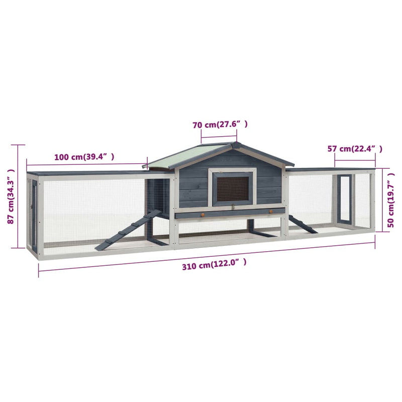 Rabbit Hutch Grey 310x70x87 cm Solid Pine & Fir Wood