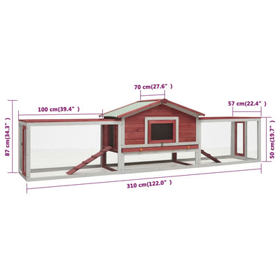 Rabbit Hutch Red 310x70x87 cm Solid Pine & Fir Wood