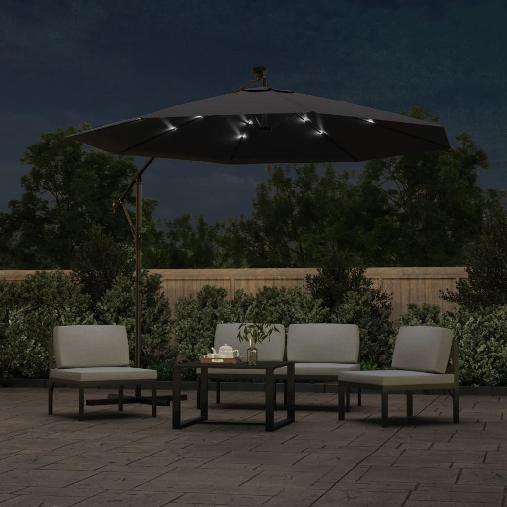 vidaXL Cantilever Garden Parasol with LED Lights and Steel Pole 300 cm Black 3