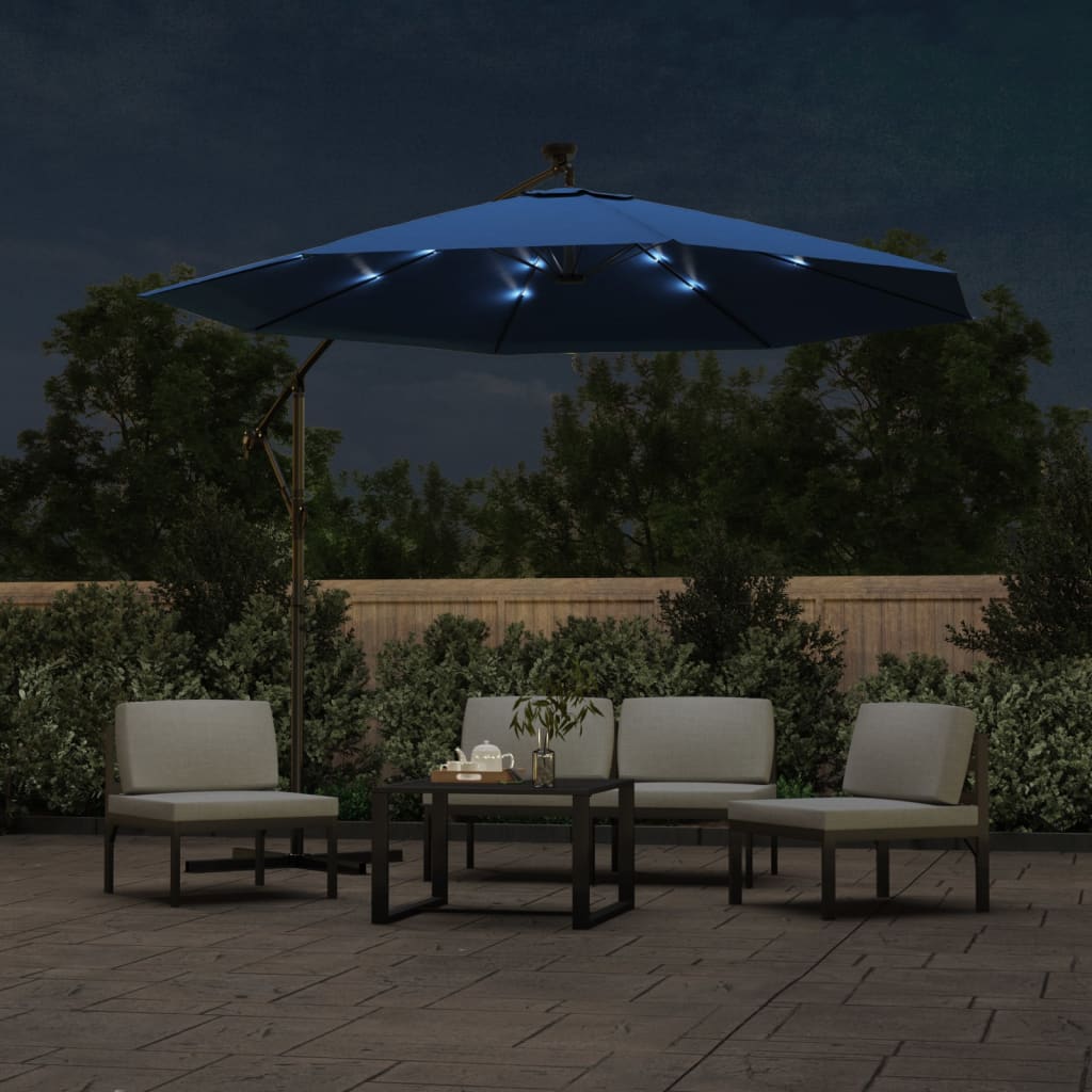 vidaXL Cantilever Garden Parasol with LED Lights and Steel Pole 300 cm Azure 3