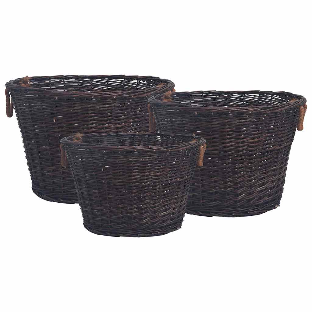 286986 vidaXL 3 Piece Stackable Firewood Basket Set Dark Brown Willow 1