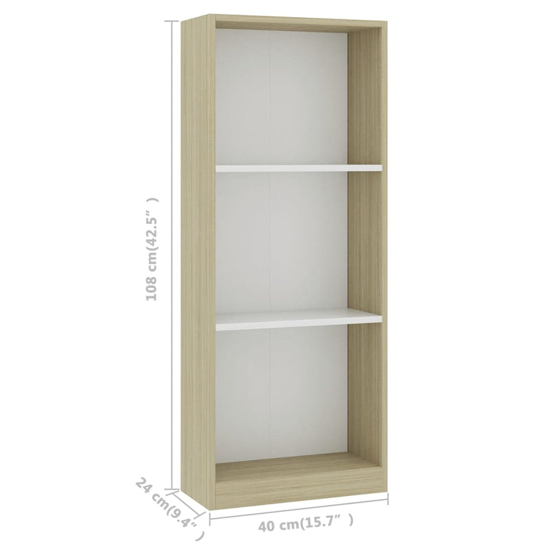 3-Tier Book Cabinet White and Sonoma Oak 40x24x108 cm Engineered Wood