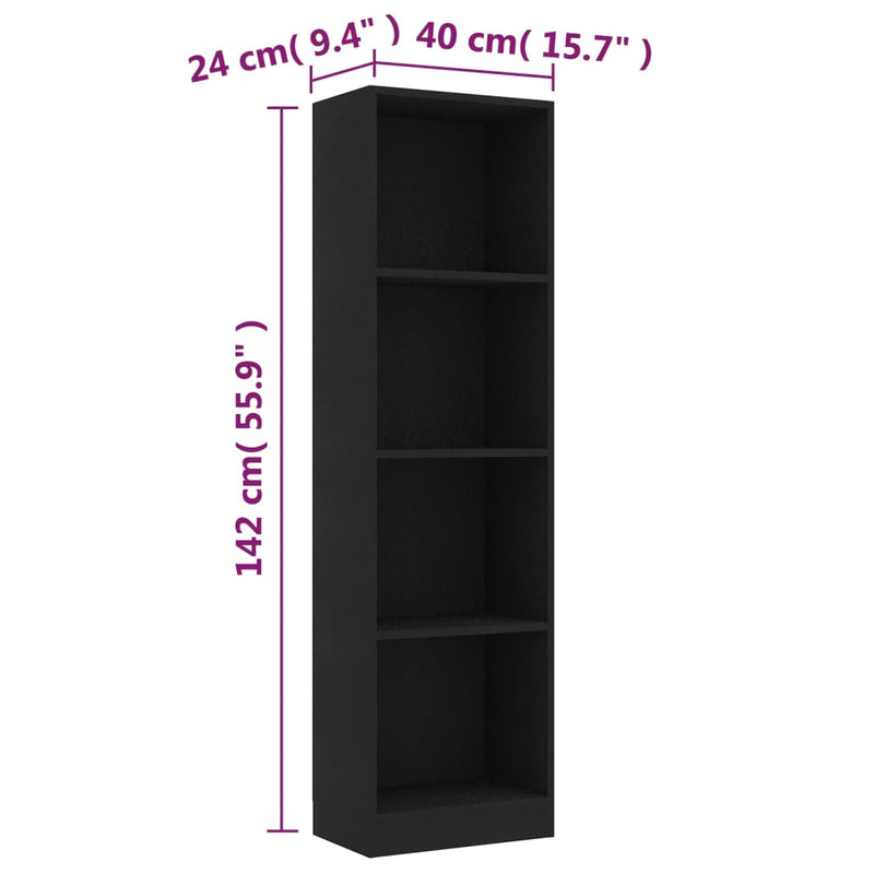 4-Tier Book Cabinet Black 40x24x142 cm Engineered Wood