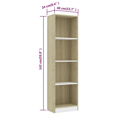 4-Tier Book Cabinet White and Sonoma Oak 40x24x142 cm Engineered Wood