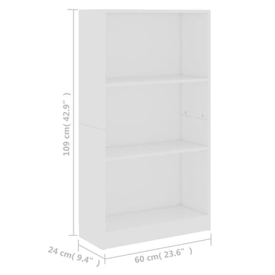 Librería de 3 niveles de madera de ingeniería blanca de 60 x 24 x 109 cm