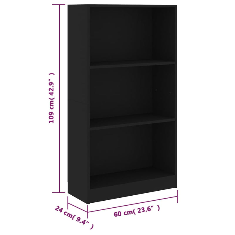 Librería de 3 niveles en madera de ingeniería negra de 60 x 24 x 109 cm