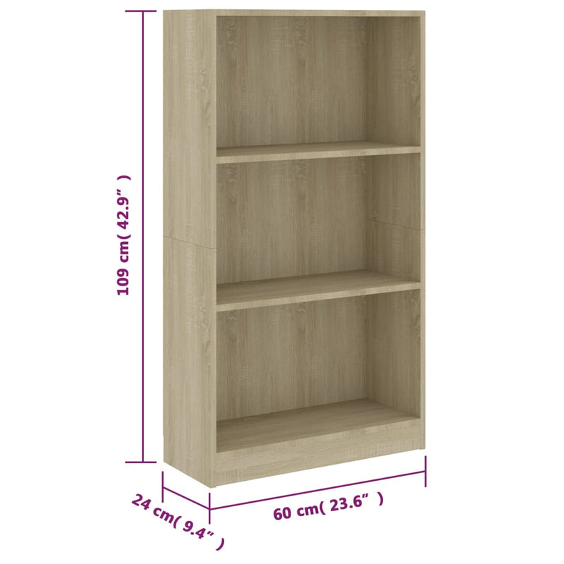 Librería de 3 niveles Roble Sonoma 60x24x109 cm Madera de ingeniería