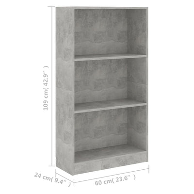 3-Tier Book Cabinet Concrete Grey 60x24x109 cm Engineered Wood