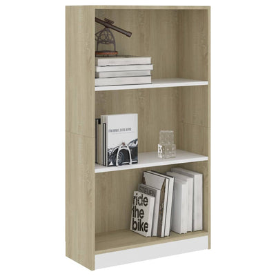 3-Tier Book Cabinet White&Sonoma Oak 60x24x109 cm Engineered Wood