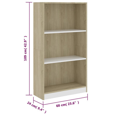 3-Tier Book Cabinet White&Sonoma Oak 60x24x109 cm Engineered Wood