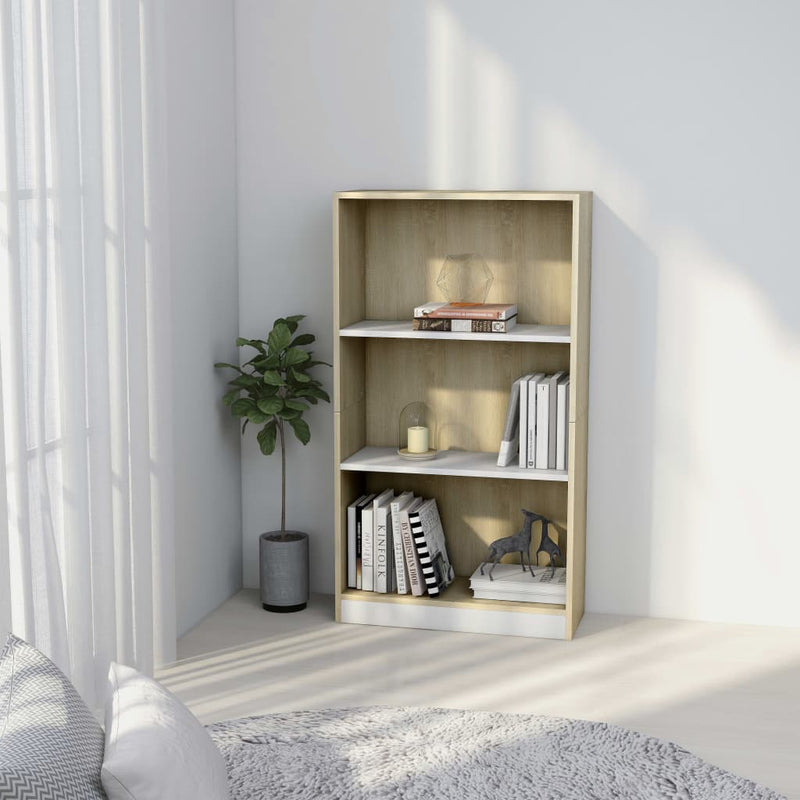 3-Tier Book Cabinet White&Sonoma Oak 60x24x109 cm Engineered Wood