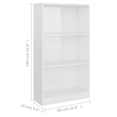 Librería de 3 niveles en blanco brillante de 60 x 24 x 109 cm de madera de ingeniería