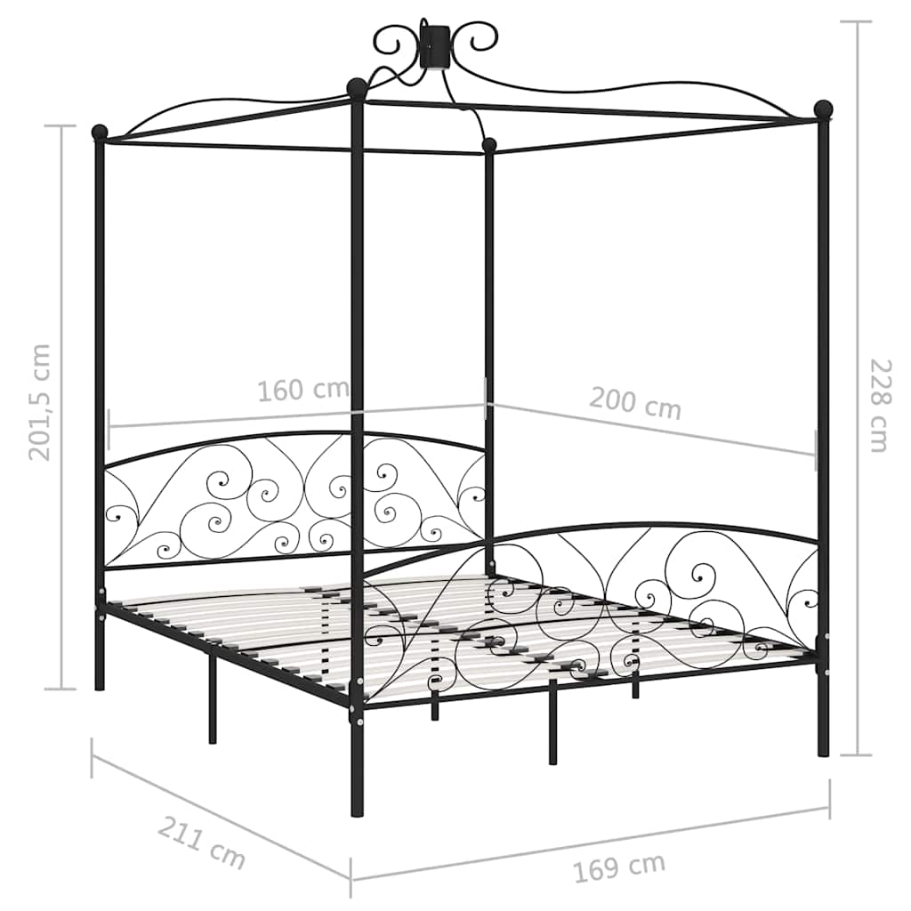 Canopy Bed Frame without Mattress Metal Black 160 x 200 cm