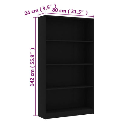 4-Tier Book Cabinet Black 80x24x142 cm Engineered Wood