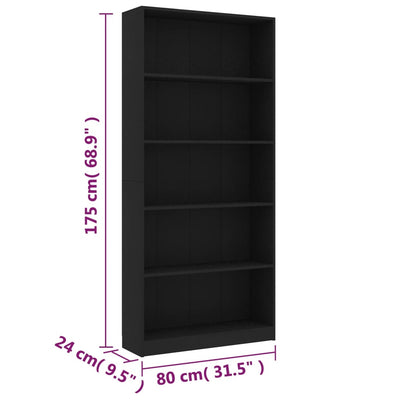 5-Tier Book Cabinet Black 80x24x175 cm Engineered Wood