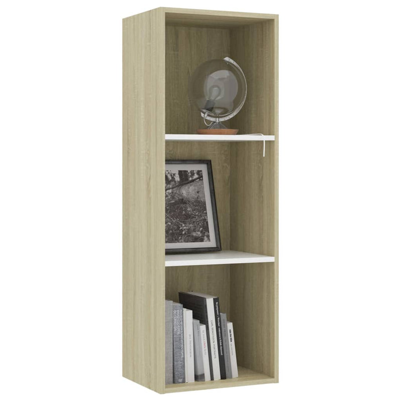 Librería de 3 niveles en madera de ingeniería blanca y roble Sonoma de 40 x 30 x 114 cm