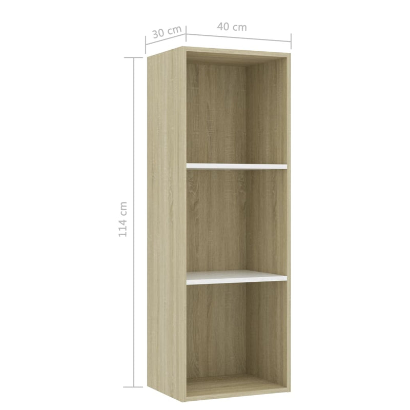 Librería de 3 niveles en madera de ingeniería blanca y roble Sonoma de 40 x 30 x 114 cm