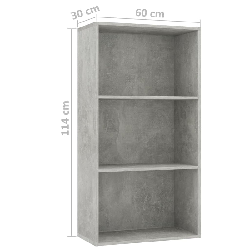 Librería de 3 niveles gris hormigón 60x30x114 cm madera de ingeniería