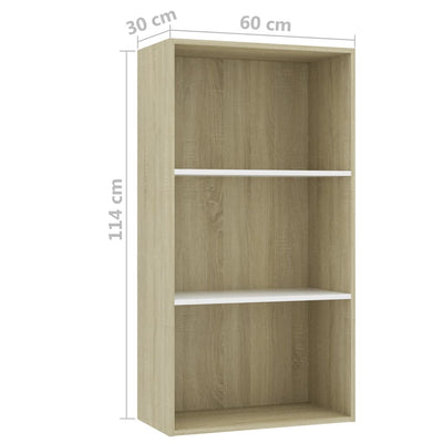 3-Tier Book Cabinet White and Sonoma Oak 60x30x114 cm Engineered Wood