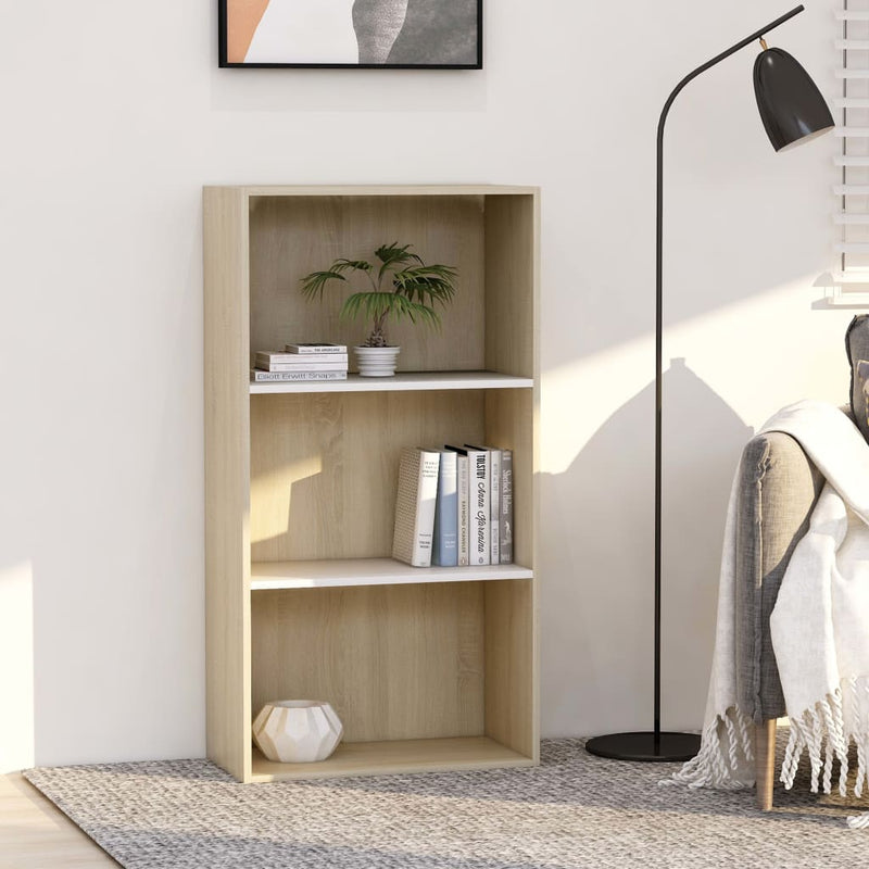 3-Tier Book Cabinet White and Sonoma Oak 60x30x114 cm Engineered Wood