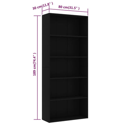 5-Tier Book Cabinet Black 80x30x189 cm Engineered Wood