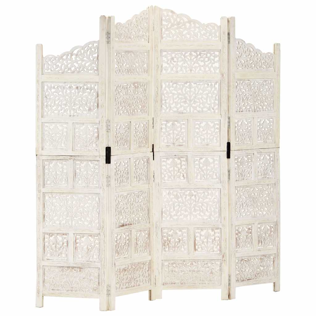 Hand carved 4-Panel Room Divider 160x165 cm Solid Mango Wood White