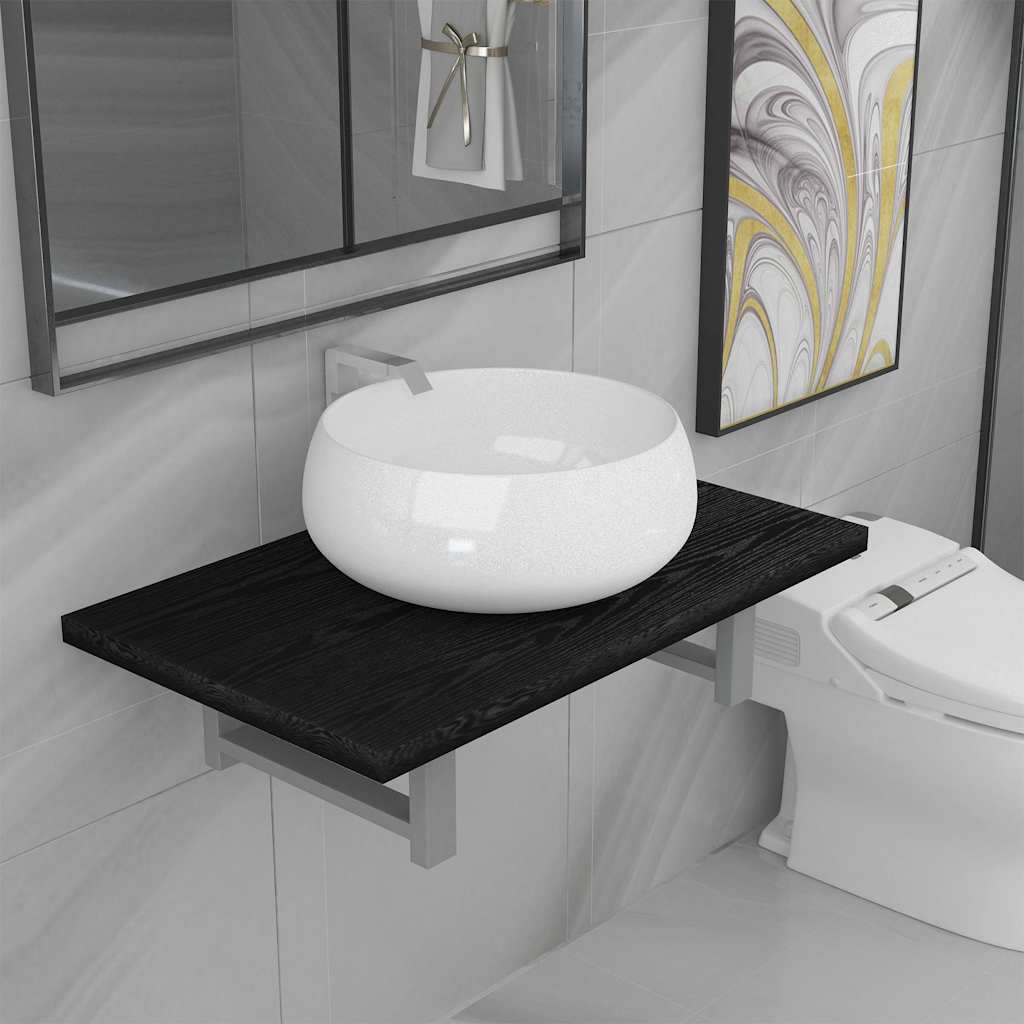 Two Bathroom Furniture Set Ceramic 2 pcs Black 60 cm shelf and 40 cm round-shaped basin