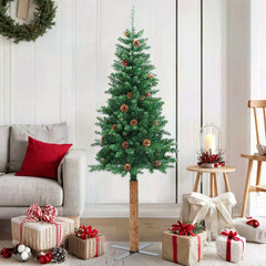 vidaXL Slim Christmas Tree with Real Wood and Cones Green 150 cm PVC 1