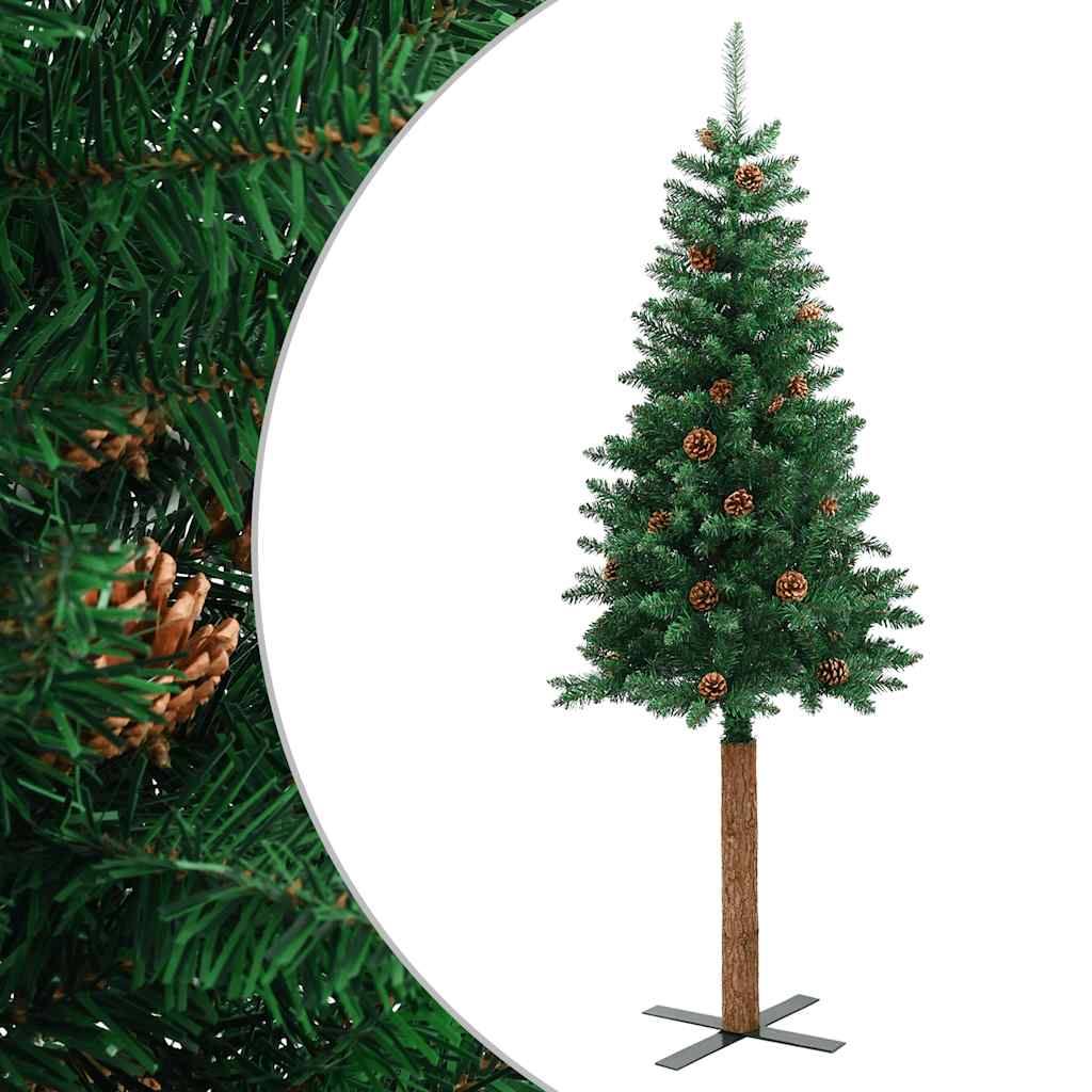 vidaXL Slim Christmas Tree with Real Wood and Cones Green 180 cm PVC 2