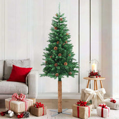 vidaXL Slim Christmas Tree with Real Wood and Cones Green 180 cm PVC 1