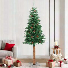vidaXL Slim Christmas Tree with Real Wood and Cones Green 150 cm PVC