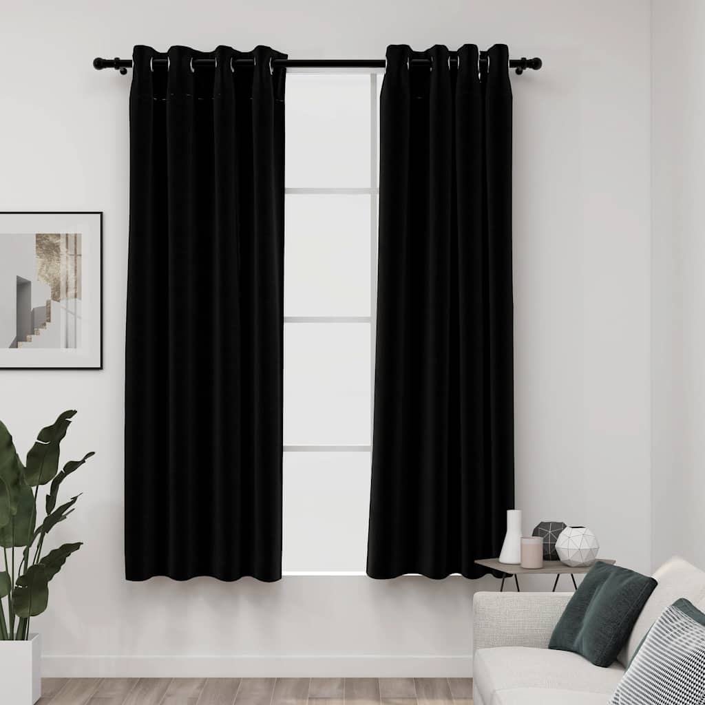 vidaXL Linen-Look Blackout Curtains with Grommets 2pcs Black 140x175cm 1