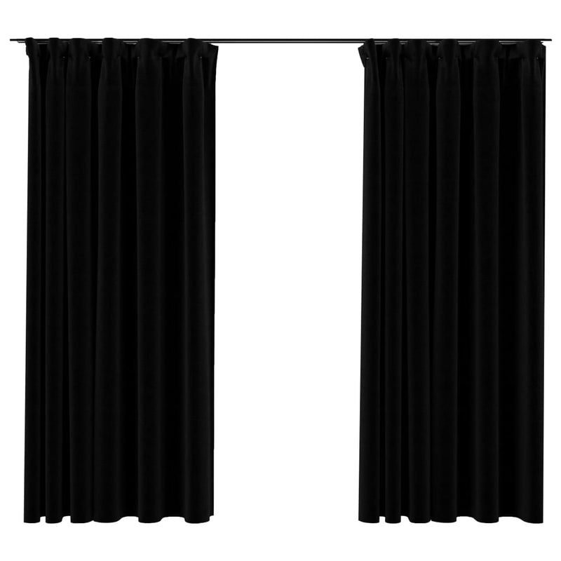 Linen-Look Blackout Curtains with Hooks 2 pcs Black 140x175 cm